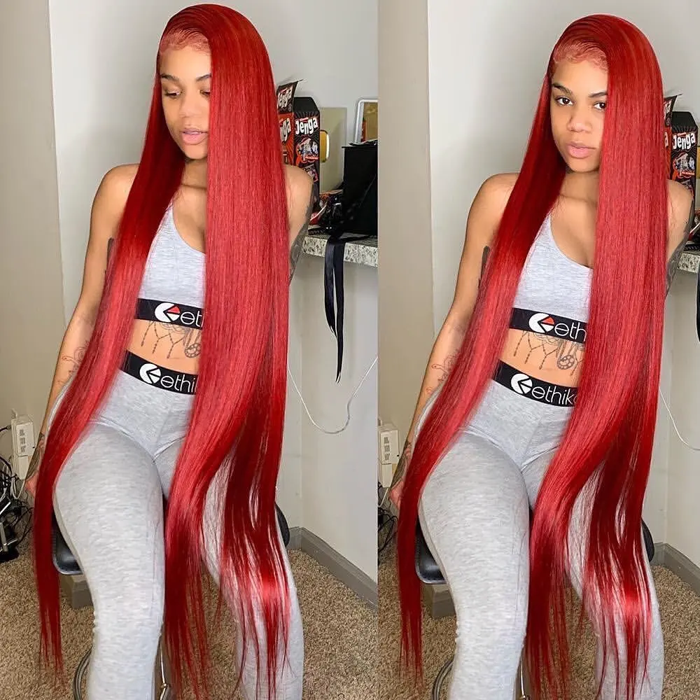 Perruque naturelle brésilienne, cheveux vierges, alignée, couleur rouge, 13X6, pour femmes noires, livraison gratuite