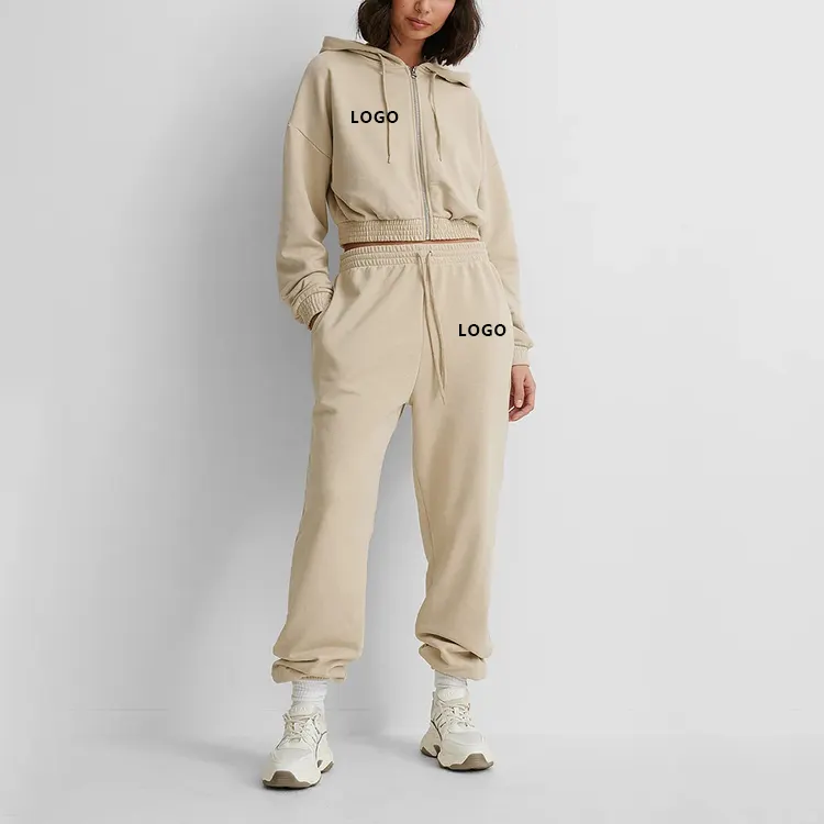 Zipper embroider sport sweat pants sets blank with logo cotton Women Hoodies Custom