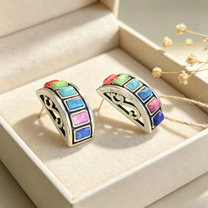 Orecchini a cerchio bohémien con intarsi in turchese colorato, gioielli vintage con pietre per occasioni quotidiane - Product Image 3