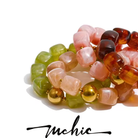 Collier, bracelet et jonc en acier inoxydable XY 8178 faits à la main, imperméables, avec perles carrées en acrylique ambre vert et rose