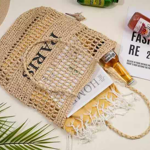 Bolsos de playa de paja de 14 pulgadas hechos a mano Beige <span class=keywords><strong>Pinky</strong></span> Blue bolso de hombro de <span class=keywords><strong>mujer</strong></span> bolso de mano de malla tejida plegable con asa - Product Image 2
