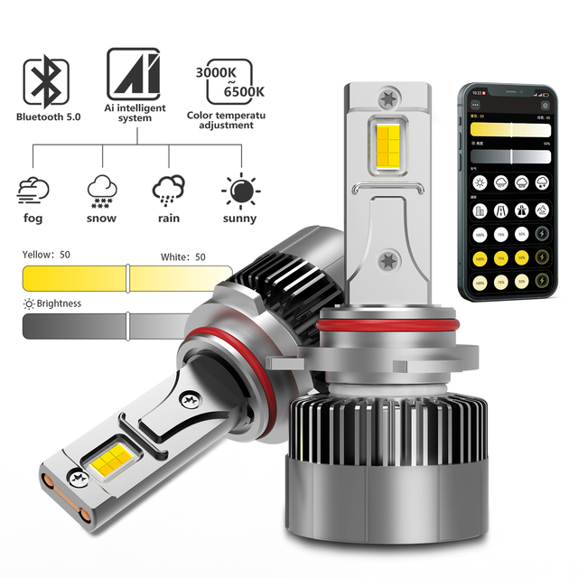 120W APP Controlled Dual Copper Tube RGB LED Headlight Bulb H4 H7 9005 9006 H11 White Yellow Warm White Car Lamp 12V