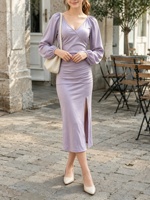 Robe midi élégante pour femme, couleur unie, col en V, manches longues, taille froncée, coupe ajustée, avec fente