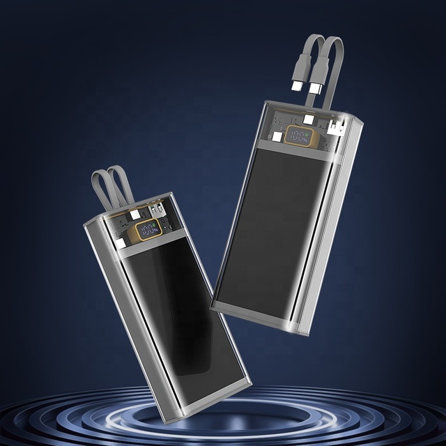 Built in Cable Power Banks Gift Transparent Large Capacity Mobile Phone Mech Style LED Digital Display 20000mah Power Bank