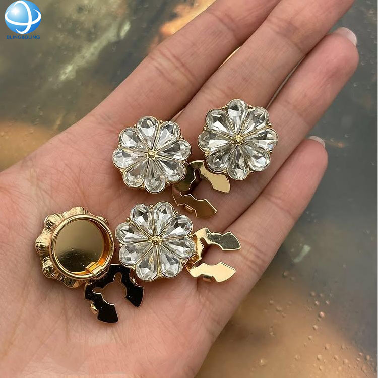 Shiny Flower Gold Crystal Button Covers Clip Over Existing Shirt