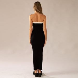 Robe longue ajustée en maille côtelée personnalisable pour femme, sans bretelles, longueur midi, avec taille naturelle, méthode de tissage - Product Image 3