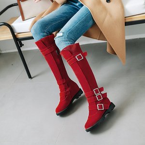 Red <b>Knee</b>-<b>High</b> Suede Boots Round Toe Flat Heel Buckle Strap Style Anti-Slippery Rubber Outsole <b>high</b> heel Drop Shipping - Product Image 1
