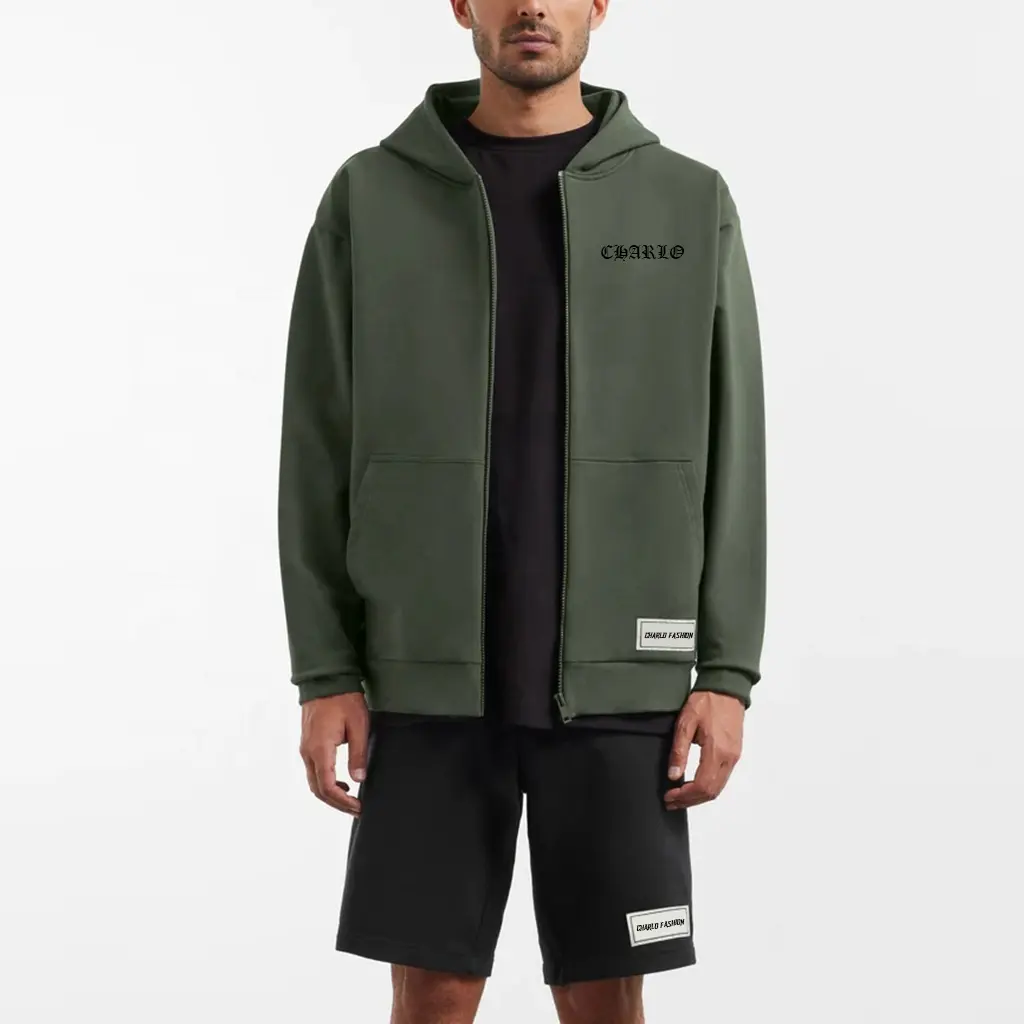 high quality heavy weight cotton stringless blank zip up hoodie custom streetwear army green premium hoodie men