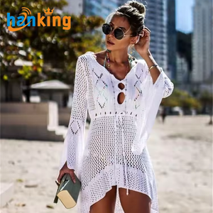 Ehanking Fishnet Dress Mujer Color sólido Manga larga Sexy Beach Bikini Traje de baño Tejido Cover up Dress - Product Image 1