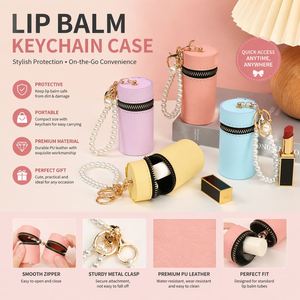 Premium PU Leather <b>Mini</b> Lipstick Case with Pearl Keychain Portable Cylinder Makeup Bag for Gift OEM - Product Image 2