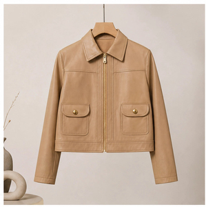 <span class=keywords><strong>Veste</strong></span> en <span class=keywords><strong>cuir</strong></span> de mouton lisse couleur kaki clair pour femme, style chemise, avec double poche à rabat et boutons-pression, coupe courte, vintage, pour le quotidien - Product Image 2
