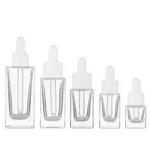 Embalaje cosmético para el cuidado de la piel, botella de vidrio de suero de aceite esencial de barba ámbar transparente cuadrada con cuentagotas de pipeta