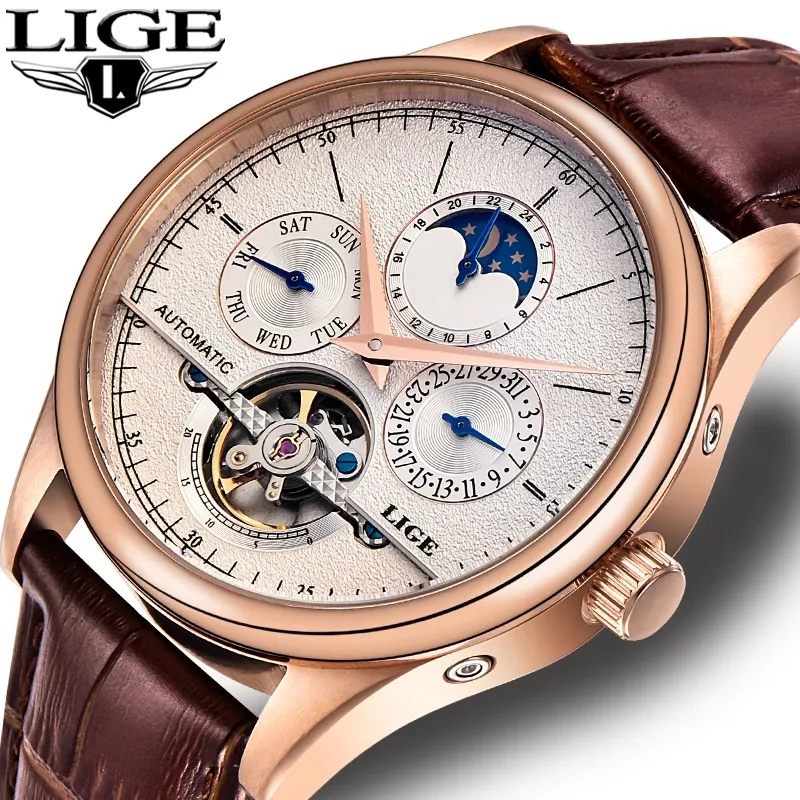 LIGE 6826 캐주얼 시계 패션 가죽 시계 기계식 해골 자동 손목 시계