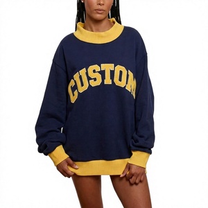 Sweat-shirt décontracté surdimensionné en tricot bicolore bleu marine et jaune pour femme, col rond, respirant, avec logo personnalisé sur le devant - Product Image 1