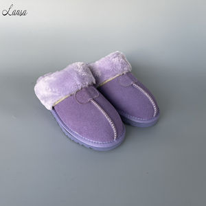 Fabbricazione di Logo personalizzato tinta unita in bianco vera pelle scamosciata pelliccia di Cashmere all'interno pantofole pelose per le donne inverno pantofole per la casa - Product Image 5