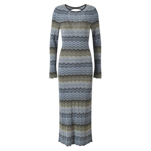 2026 Lady Designed <strong>Wavy</strong> <strong>Pattern</strong> Long Sleeve Women Knit Slim Fitted Sexy Backless Colorblock Maxi Dress - Product Image 3
