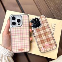 Coque arrière style coréen à motif quadrillé avec nœud pour iPhone 18 13 Pro Max, étui de téléphone électroplaqué à bord argenté pour iPhone 17