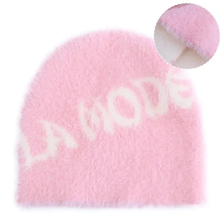 メーカー暖かい冬明るい色ピンクカスタムニット毛皮のようなファジーモヘアカフレスビーニー帽子