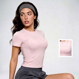T-shirt de sport respirant à manches courtes pour femme, séchage rapide, évacuation de l'humidité, idéal pour le yoga, la course à pied, la gym, avec logo frontal - Product Image 1