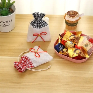 10*14cm Bow Tie Plaid Cotton Jewelry Pouch Portable Wedding Gift Drawstring Bag <b>Candy</b> Storage for Packing Party Favor - Product Image 3