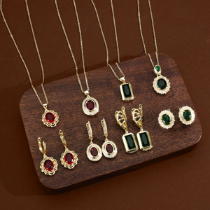 Luxury Vintage <b>Ruby</b> Emerald Jewelry Set Gold Plated CZ Halo Pendant <b>Necklace</b> Dangle Earrings for Women Bridal Party Gift - Product Image 1