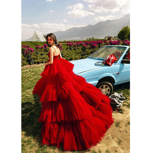 Red Tulle Ball Gown Strapless Backless Wedding Dress Long Train European Style Runway Fashion Dress - Product Image 1