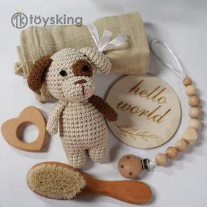 100% hecho a mano Amigurumi lindo cachorro <span class=keywords><strong>perro</strong></span> ganchillo juguete suave sonajero de <span class=keywords><strong>madera</strong></span> <span class=keywords><strong>mordedor</strong></span> infantil - Product Image 4