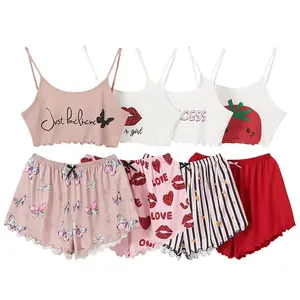 Fornecedores por atacado verão duas peças rosa meninas bonitos senhoras nightwear shorts algodão cartoon conjuntos mulheres pijamas