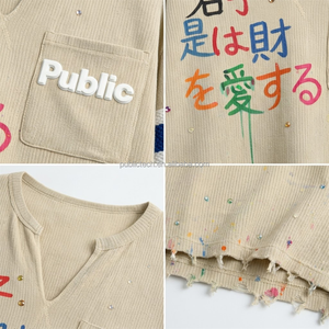 T-shirt pour homme à manches longues en coton 100% personnalisé, imprimé en 3D, motif dessiné à la main, rayures bleues et blanches, tricoté, effet vieilli - Product Image 2