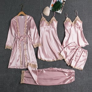 Pyjamas d'été en <span class=keywords><strong>satin</strong></span> pour femmes ensemble de peignoirs grande taille XL soie glacée vêtements de maison sexy avec jupe à bretelles ensemble de 5 pièces à manches longues - Product Image 6