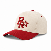 Casquettes de baseball en coton pur, broderie 3D en relief, logo PR, crème et rouge, couture centrale structurée, ajustables, certifiées CE, vente en gros