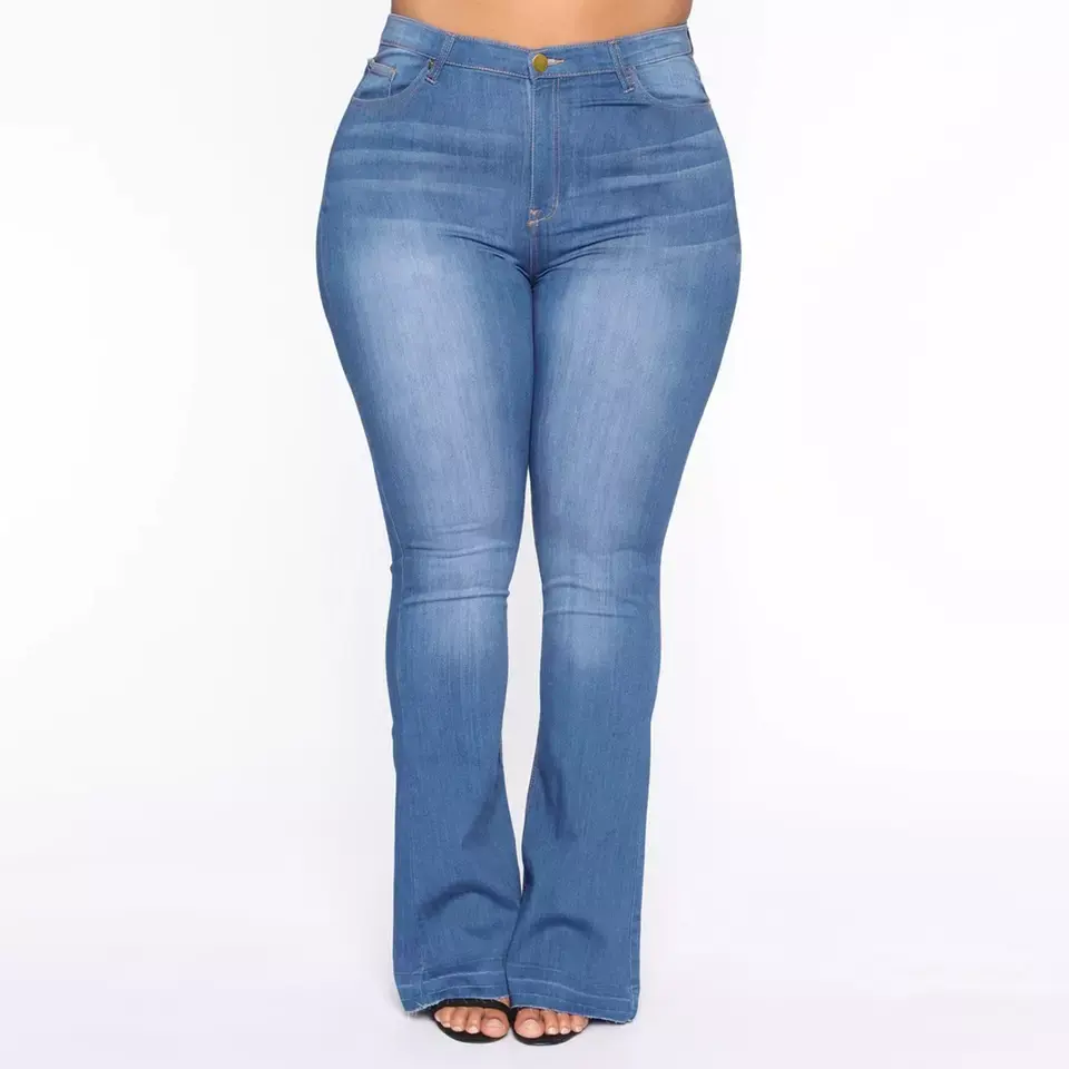 Wholesale Customized Blue Denim Ripped Wide Leg Cotton Pants High Waist Elastic Micro Horn Plus Size Women's Jeans