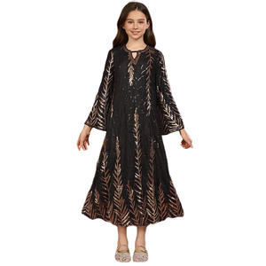 Nouvelles filles musulmanes <span class=keywords><strong>feuille</strong></span> Sequin embelli longue Abaya avec manches évasées noir islamique enfants vêtements - Product Image 1