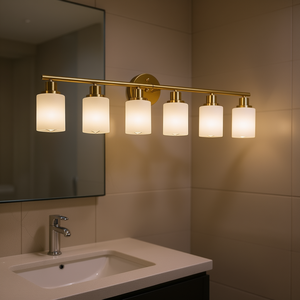 Applique murale moderne à 6 lumières dorées pour salle de bain, en verre dépoli, avec LED blanc chaud pour miroir - Product Image 2