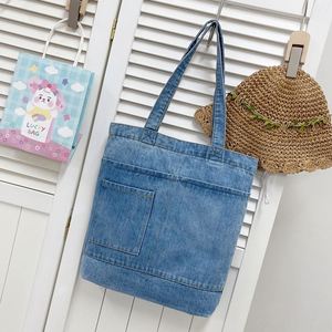 Custom Blue Vintage Denim Jean Tote <b>Bag</b> Large Capacity Student Satchel with Fashionable Logo Printing Canvas <b>Material</b> - Product Image 5