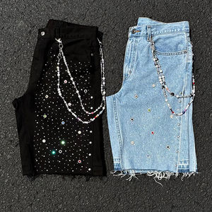 <span class=keywords><strong>Jeans</strong></span> Cortos de Mezclilla para Hombre, Estilo Hip Hop, Decorados con Pedrería, Diseño Personalizado OEM, Vintage, Casuales, Versátiles y Desgastados - Product Image 1