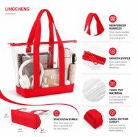 Sac de plage en PVC rouge transparent personnalisé de grande capacité, sac de rangement pour maquillage en plastique durable avec fermeture éclair, pour le shopping et les voyages