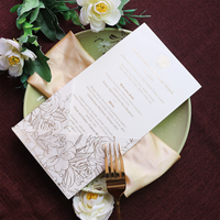 Papel de Menú para Boda con Diseño de Rosas, Papel de Vitela con Bolsillo y Lámina Dorada