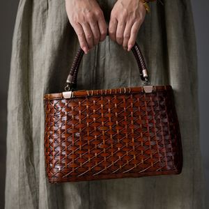 Sac fourre-tout en bambou tissé, couleur unie, sac de rangement fait à la main, sac pour service à thé de style chinois, sac fourre-tout pour femmes - Product Image 3