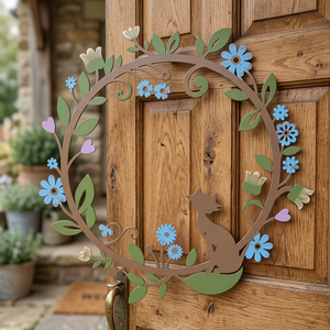 Corona de metal rústica con flores azules y hojas verdes, hecha a mano, decorativa, de forma redonda, sin iluminación, diseñada para uso en interiores. - Product Image 2