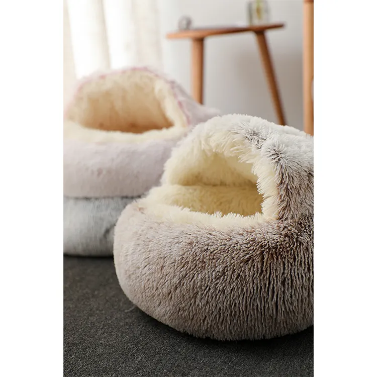 Round Faux Fur Bed Dog Luxury Plush Soft Cotton Get Pet Cat House Cave Bed
