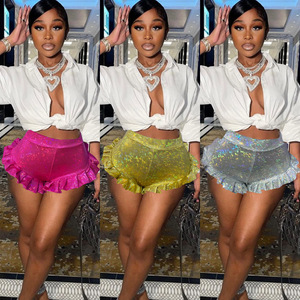 Vendita calda estiva pantaloncini a vita alta da donna pantaloni corti con volant in finta pelle metallizzata argento lucido - Product Image 4