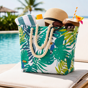 Sac fourre-tout en toile à imprimé tropical pour femme, grand sac à bandoulière personnalisé, réutilisable pour le shopping, les courses, le quotidien, la station balnéaire et les voyages, avec fermeture éclair - Product Image 1