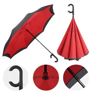 New inverse car Umbrella with logo prints Custom Double Layer Inside Out C Shape Handle design inverted Folding Reverse Umbrella