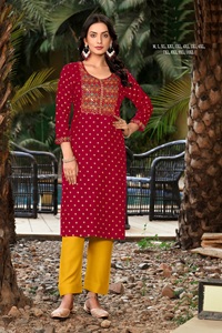 Nueva colección Diseñador Rayon Gold Print Kurti con bordado Work y pantalón a juego Perfecto para el uso regular de la India - Product Image 4