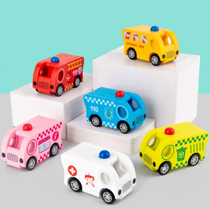 새로운 스타일 어린이 나무 장난감 자동차 관성 미니 자동차 시뮬레이션 소방차 경찰차 학교 버스 모델 키즈