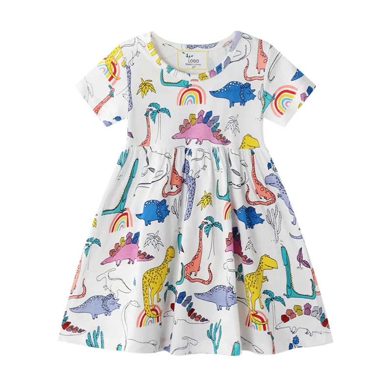 YOEHYAUL Custom O-neck Cartoon Print Baby Girl Dress Designs Summer Cotton Small Baby Children Dress Girls