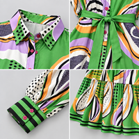 Gaun Kemeja Wanita Motif Bohemian Kasual Tenun Lengan Panjang Berikat Kancing Midi Pinggang Alami ODM