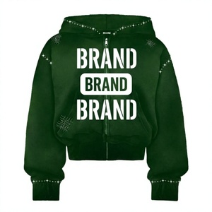 Sudadera con capucha rosa extragrande con cremallera, logo de marca con pedrería, mangas desgastadas, forro polar, unisex, invierno, 100% algodón - Product Image 2