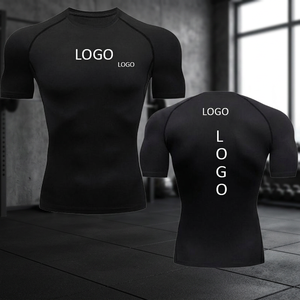 T-shirt de compression noir à manches courtes et col rond, couleur unie, en polyester anti-transpiration, vêtement de sport, impression par transfert thermique - Product Image 2